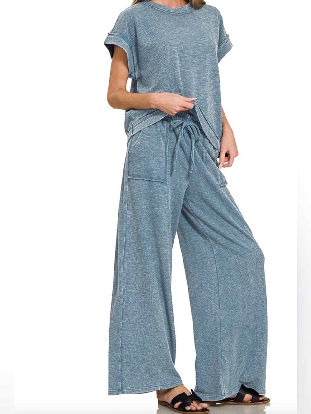 Washed Slub Short Sleeve Tee & Long Pants Set in Denim